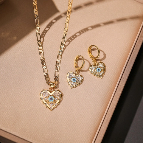 Mode Herz Teufelsauge Schmuck Set Kupfer Vergoldet Zirkon Halskette Und Ohrringe Für Damen Trendy