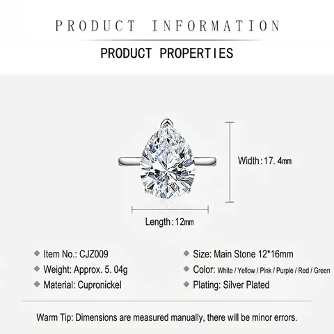 Birnenschliff Wassertropfen Edelstein Ring Versilbert Verstellbar Offen Weißkupfer Schmuck Bunte Zirkonia Damen