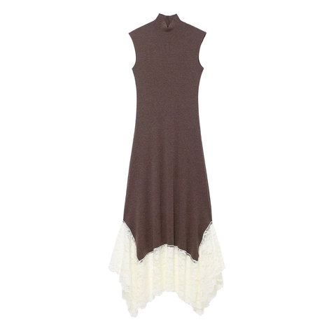 Abito Lungo Senza Maniche In Maglia Patchwork Collo Alto Elegante Orlo In Pizzo Caffè Bianco Gonna Lunga Da Donna