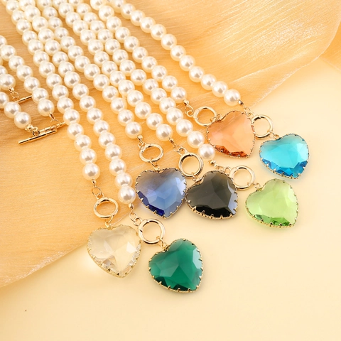 Collana Con Pendente A Cuore In Vetro E Catena Di Künstliche Perle Sintetiche Lega Placcata Oro Chiusura A T Elegante