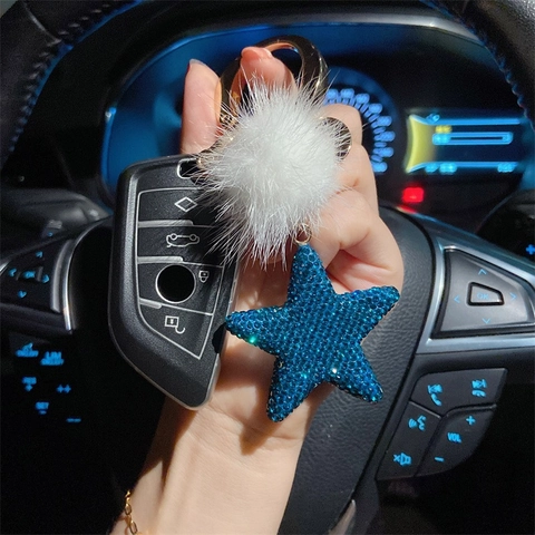 Luxus Strass Stern Schlüsselanhänger Mit Kunstfell Ball Mode Keramik Stern Schlüsselanhänger Für Damen Auto Schlüsselring Taschenanhänger Zubehör
