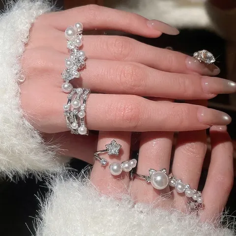 Elegant Zircon Artificial Pearl Open Ring Korean Style Adjustable Copper Alloy Jewelry For Women Light Luxury Niche Design