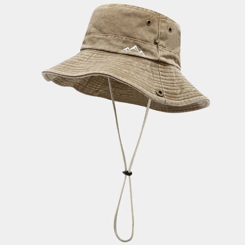 Washed Cotton Outdoor Bucket Hat With Mountain Embroidery Sun Protection Adjustable Windproof Strap Hiking Vintage Casual
