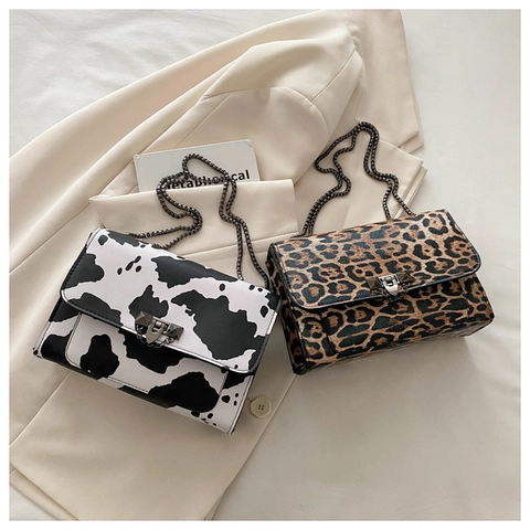 Women Animal Print Crossbody Bag Vintage Leopard Cow Pattern PU Leather Small Square Shoulder Bag With Metal Chain Strap