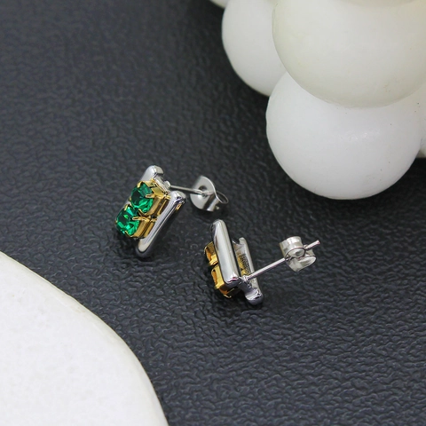Sweet Stainless Steel 18K Gold Plated Rhinestone Stud Earrings For Women Minimalist Green White Square Geometric Earrings Jewelry