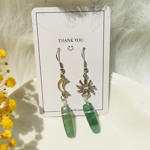 Boucles D'oreilles Pendantes Asymétriques Soleil Lune Avec Pierre Naturelle Fil Enroulé Crochet En Acier Inoxydable
