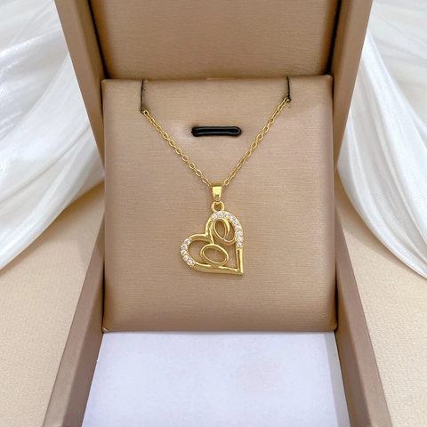 Hollow Heart Pendant Necklace Stainless Steel Chain Copper Micro Paved Zircon Gold Plated Fashion Jewelry For Women