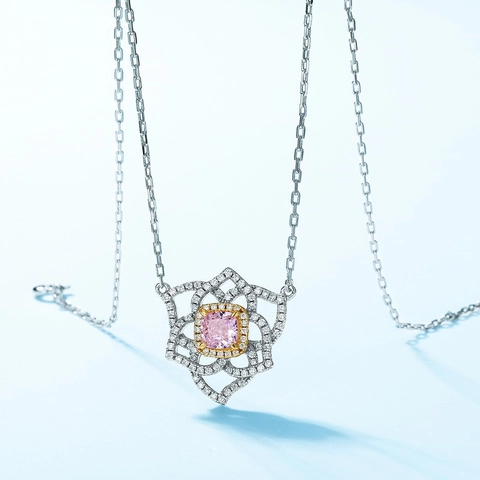 925 Sterling Silver Pink Flower Pendant Necklace For Women Elegant Double Tone Floral Rhinestone Inlaid Jewelry Gift