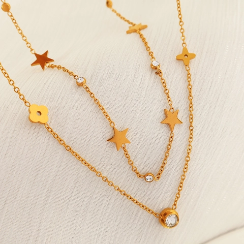 Minimalist Titanium Steel Star Pendant Necklace For Women Elegant Gold Plated Zirconia Inlaid Choker Clavicle Chain