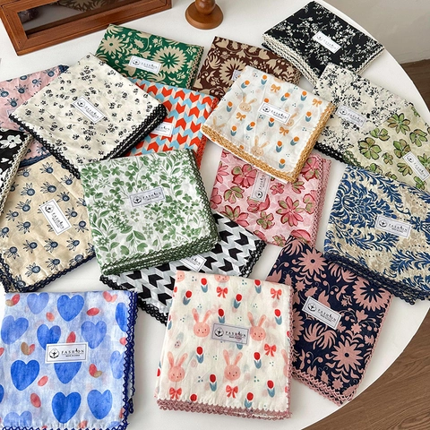 Women's Pastoral Floral Cotton Linen Square Scarf Korean Print Small Neckerchief With Lace Trim Decorative Neck Scarf
