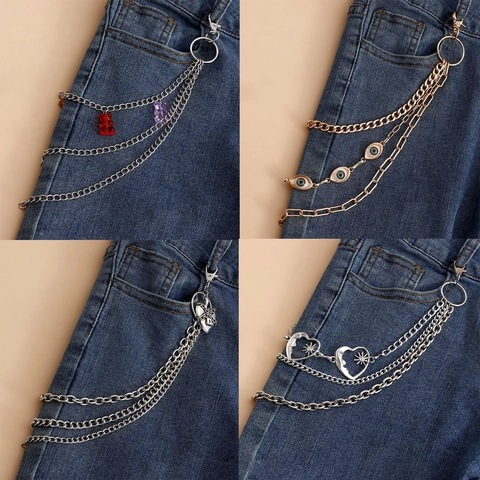 Vrouwen Punk Meerlagige Metalen Tailleketting Riem Met Kunstparel Hart Beer Boze Oog Maan Schedel Hanger Broekketting Sieraden