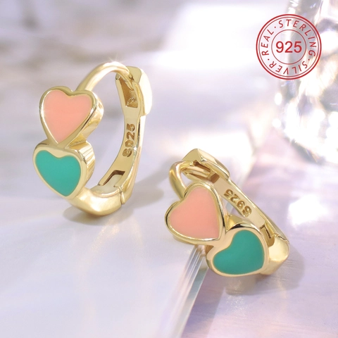 Créoles Forme Double Coeur Plaqué Or 14K Argent Sterling 925 Émail Coloré Huile Goutte Mode Accessoire Femmes
