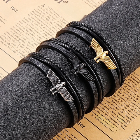 Men Multi Layer Braided Leather Bracelet With Stainless Steel Eagle Charm And Magnetic Clasp Punk Rock Hip Hop Style