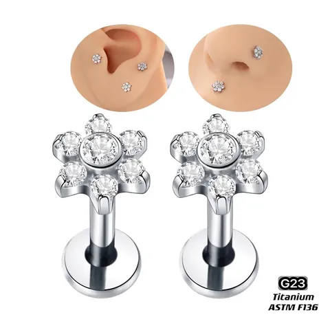 Stud Labret Fleur Titane G23 Zircon Clair Boucle Oreille Cartilage Dos Plat Bijoux Piercing Mode Femmes