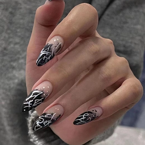 Uñas Postizas De Almendra Larga Graffiti Blanco Y Negro Diseño Abstracto Arte Uñas Reutilizables