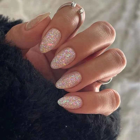 Champagner Gold Glitzer Aufpressnägel Kurz Oval Irisierend Schimmer Falsche Nägel Vollabdeckung Maniküre Für Damen