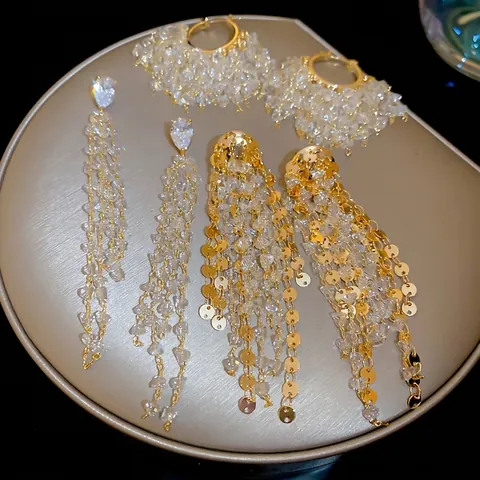 Crystal Tassel Earrings 18k Gold Plated Long Fringe Zircon Dangle Elegant Jewelry For Women With Silver Earring Post