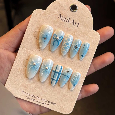 Uñas Postizas Almendra 3D Lazo Flor Degradado Azul Blanco Resina Cristal Perla Artificial Dulce Francés Elegante Decoración