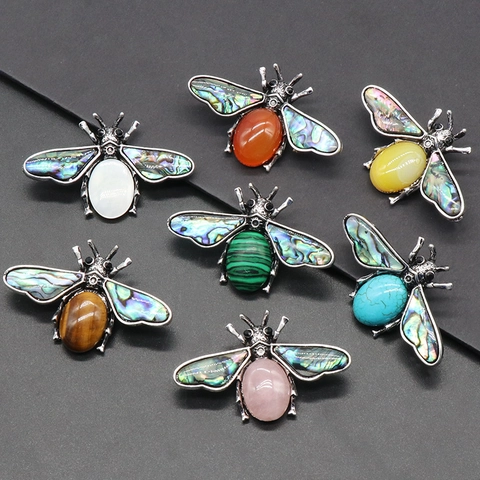Broche Pendentif Abeille Vintage Double Usage Alliage Incrusté Nacre Abalone Pierre Naturelle Bijou Animal Pour Femme