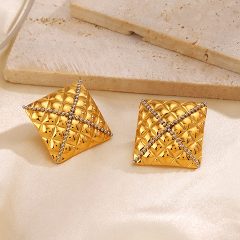 Quilted Square Stud Earrings Stainless Steel Gold Plated Geometric Rhombus Pattern Chic Vintage Fashion Jewelry For Women