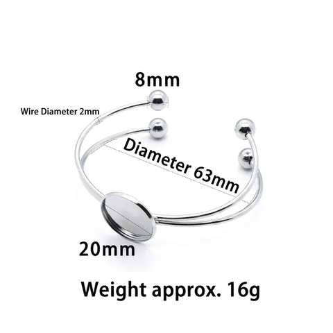 Base per Bracciale Aperto in Acciaio Inossidabile DIY Con Vassoio Rotondo da 20mm e Estremità a Sfera per Creazione Gioielli