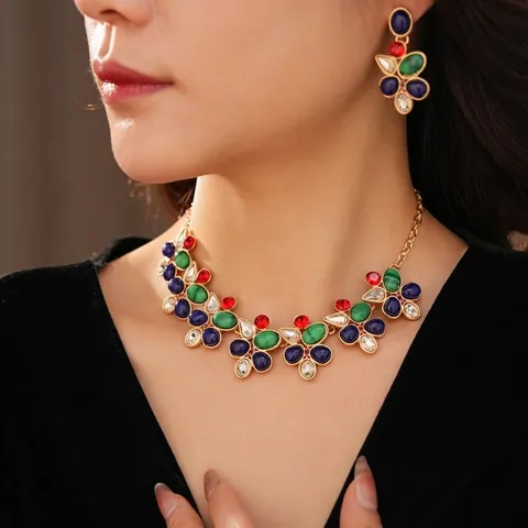 Gioielli Vintage Bohemian Lega Strass Resina Ovale Geometrico Collana E Orecchini Con Perno In Argento