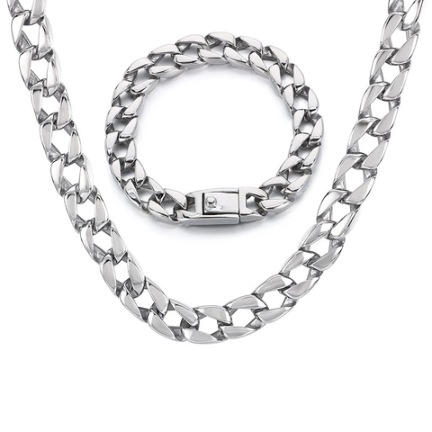 Men Cuban Link Necklace And Bracelet Stainless Steel Silver Color Punk Hip Hop Style Heavy Metal Jewelry