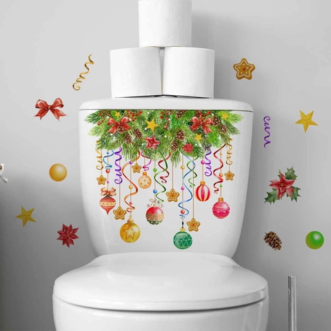 Autocollant De Toilettes Noël PVC Imperméable Amovible Décoration Murale Salle De Bain Lettres Joyeux Noël