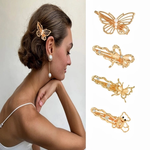 Vintage Alloy Butterfly Hair Clip Rhinestone Imitation Artificial Pearl Duckbill Clamp Elegant Bear Bowknot Hairpins For Women