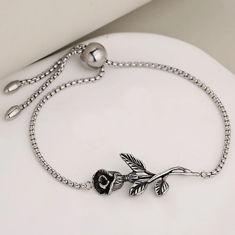 French Vintage Stainless Steel 3D Rose Artificial Pearl Bracelet Adjustable Pull Out Box Chain Fashion Jewelry For Women