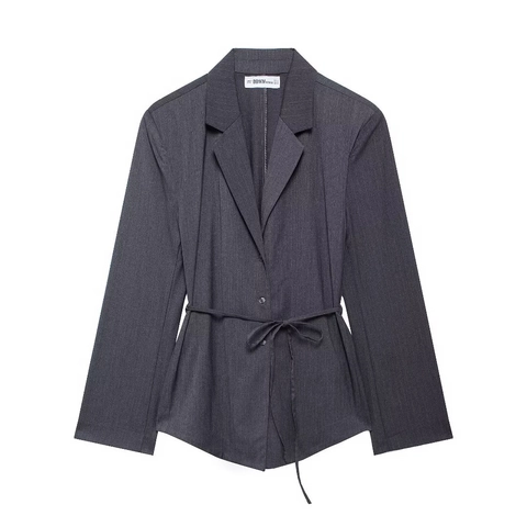 Blazer Donna Grigio Scuro Gessato Giacca Poliestere Con Cintura Monopetto Risvolto Manica Lunga Ufficio Elegante