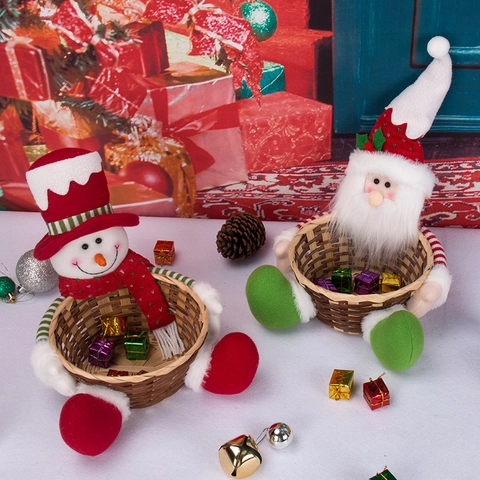 Cesta De Dulces De Navidad Papá Noel Muñeco De Nieve Felpa Bambú Tejido Almacenamiento Escritorio Decoración Adorno