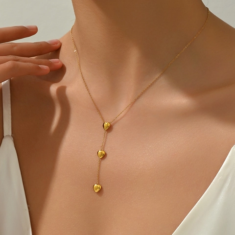 Stainless Steel Heart Pendant Necklace Gold Plated Y Shape Vertical Tassel Hearts Fashion Elegant Jewelry For Women
