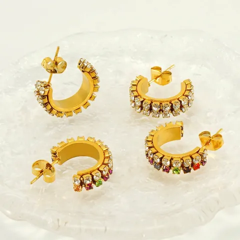 C-Form Hoop Ohrringe 18K Vergoldeter Edelstahl Doppellagig Glänzende Strasssteine Modeschmuck Für Damen