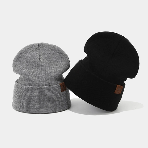 Bonnet En Tricot Beanie Chaud Acrylique Nervuré Hiver Pour Hommes Femmes Sport Extérieur Patch Boussole Cuir