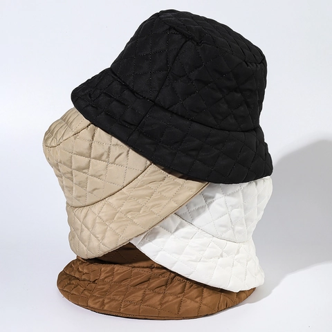 Diamond Quilted Bucket Hat For Women Winter Warm Padded Cotton Polyester Solid Color Windproof Adjustable Basin Cap