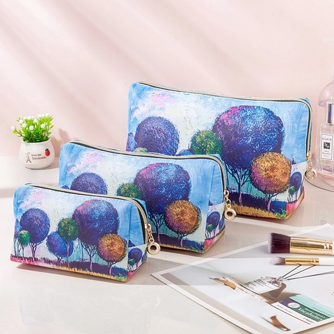Large Capacity Makeup Bag PU Leather Waterproof Floral Print Travel Toiletry Organizer Portable Zipper Pouch Bags