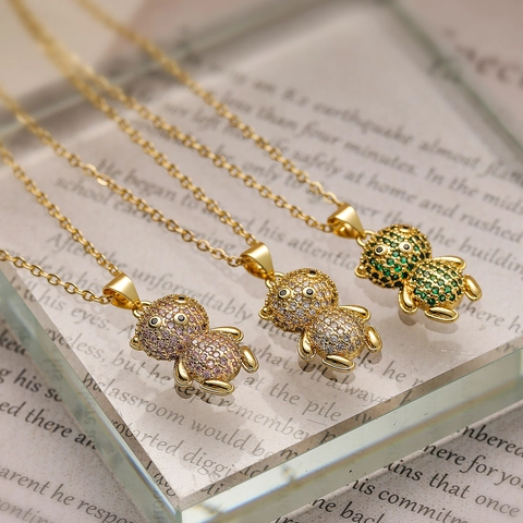 Teddy Bear Pendant Necklace Gold Plated Copper Cubic Zirconia Full Pavé Cute Versatile Jewelry For Women
