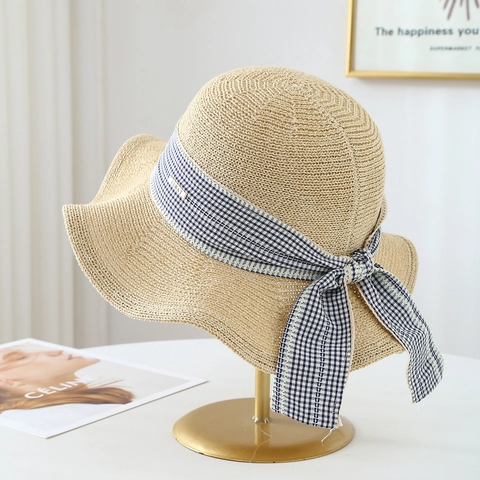 Damen Strohhut Sonnenhut Gewebt Breite Krempe Wellenkante Eleganter Schleife Sommer Strand Atmungsaktiv