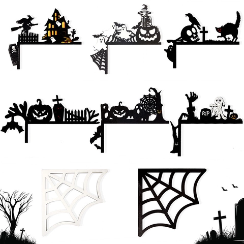Décoration De Coin De Porte Halloween Bois Silhouette Effrayante Citrouille Sorcière Fantôme Toile Araignée Chauve-Souris Décor
