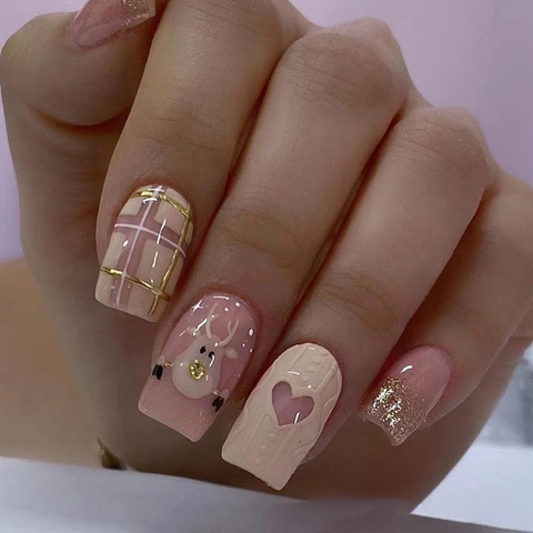 Press On Nails Pink Christmas Reindeer Plaid Glitter Heart 3D Square Round False Nails Winter Style