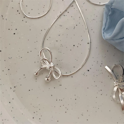 925 Sterling Silber Schleife Anhänger Halskette Für Frauen Süßer Einfacher Stil Schlangenkette Schmuck Geschenk