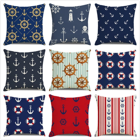 Nautical Linen Throw Cushion Cover Anchor Sailboat Helm Decorative Square Pillowcase For Sofa Living Room Home Decor