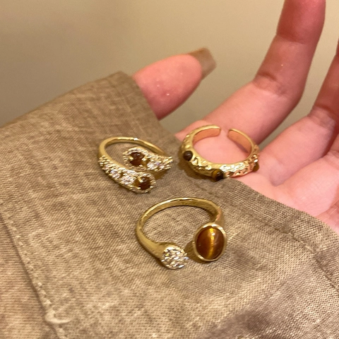 Vintage Tiger Eye Open Ring Gold Plated Zircon Inlaid Adjustable Aesthetic Jewelry For Women Maillard Style
