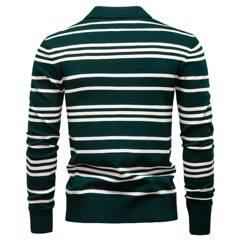 Herren Gestreiftes Strick Polo Shirt Langarm Viskose Polyester Mischung Revers Knopf Casual Slim Fit Strickwaren