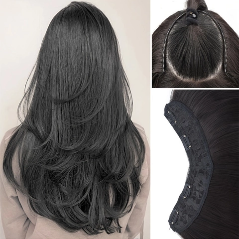 Women V-Shaped Layered One-Piece Long Synthetic Hair Extensions Natural Inner Buckle Heat Resistant Fiber Hair With Clips