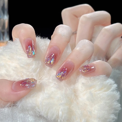 Unghie Finte A Pressione Sfumate Rosa Glitter Laser Strass Aurora Eleganti Trapezoidale Unghie Artificiali