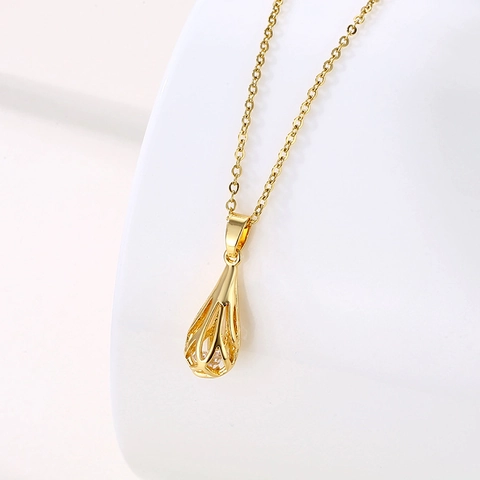 Hohl Wassertropfen Anhänger Halskette 18K Vergoldet Edelstahl Zirkonia Eingelegt Schlüsselbein Kette Schmuck Damen