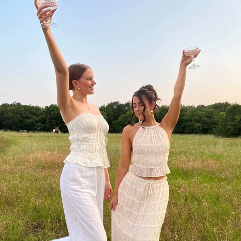 Women Halter Neck Pleated Top And Ruffle Maxi Skirt Polyester Vacation Beach Elegant Casual Breathable Summer Outfit