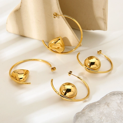 Women Stainless Steel Heart Ball Pendant Hoop Earrings Waterproof 16K Gold Plated Polished Geometric Circle Jewelry Accessory